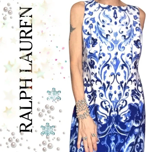 Ralph Lauren dress sz 10 sleeveless midi blue white artisan print classy elegant - Picture 1 of 11